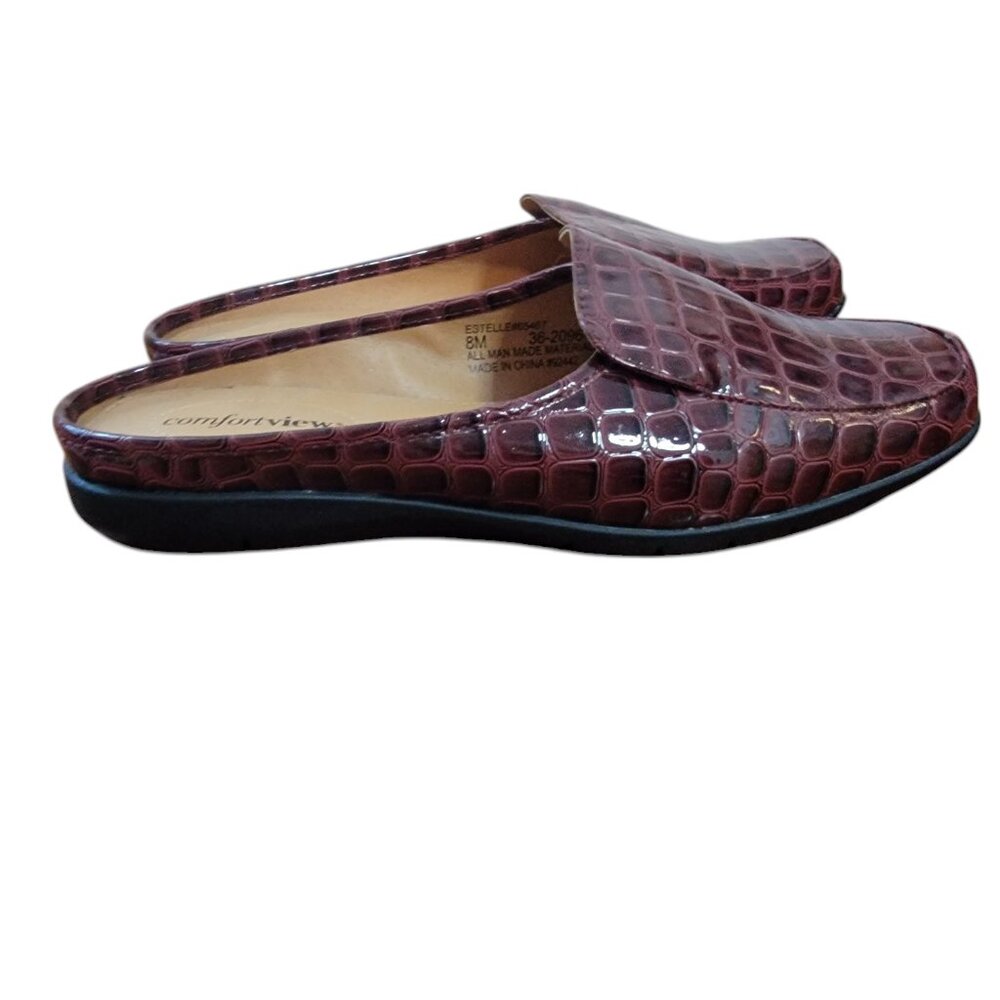 NWOT Comfort View Estelle Burgundy Faux Crocodile Slip On Comfort Mule Shoes